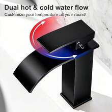 Waterfall Basin Faucet, 2-Handle Bathroom Sink Faucet With Pop-Up Drain & Deck Plate, Anti-Splash Hot Cold Mixer Tap, Lead-Free Stainless Steel Ceramic Valve Core, Modern Matte Black - Short - View 2