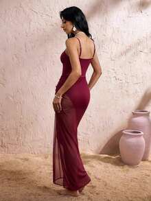Elavelle Set de 2 piezas de traje de baño de una sola pieza con falda maxi, tirantes finos y decoración de estrella de mar, unicolor para mujer - Morado - Ver 2