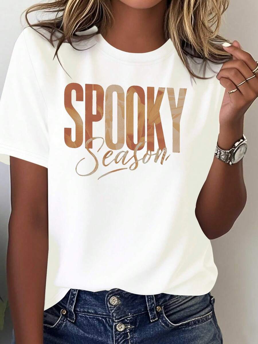 Women's Spooky Season T-Shirt With Gothic Lettering In Brown - 100% Casual, Round Neck, Short Sleeves For Halloween & Casual Outfits, All Year Round Comfort! Machine Washable. Perfect Set For Skeleton Parties, Economical Geometric Print. White Base + Brown Lettering! Versatile Piece For Layering, Non-See-Through! Easy Care: Elegant Undergarment, Perfect For Casual Outings, Seasonal Fashion. - 白色 - 查看 1