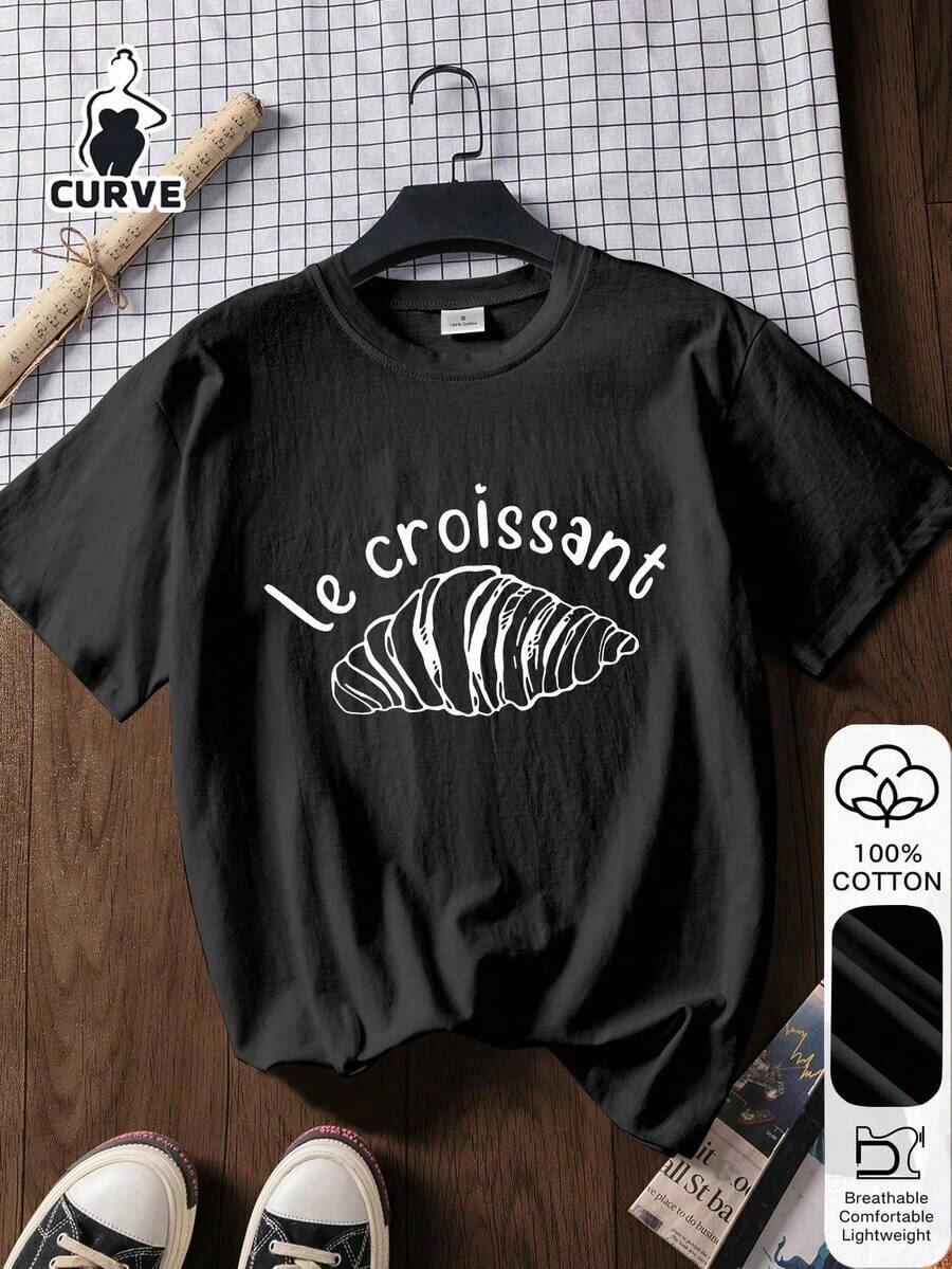 Blusa de manga corta de 100% algodón con estampado de croissant para mujer de talla grande, camiseta gráfica, tela suave, ropa de algodón, ropa para exteriores, estampado impreso, camiseta de verano para mujer, blusa, top de verano, atuendo de vacaciones, estilo de viaje, ambiente de playa, ropa de resort minimalista - Negro - Ver 1