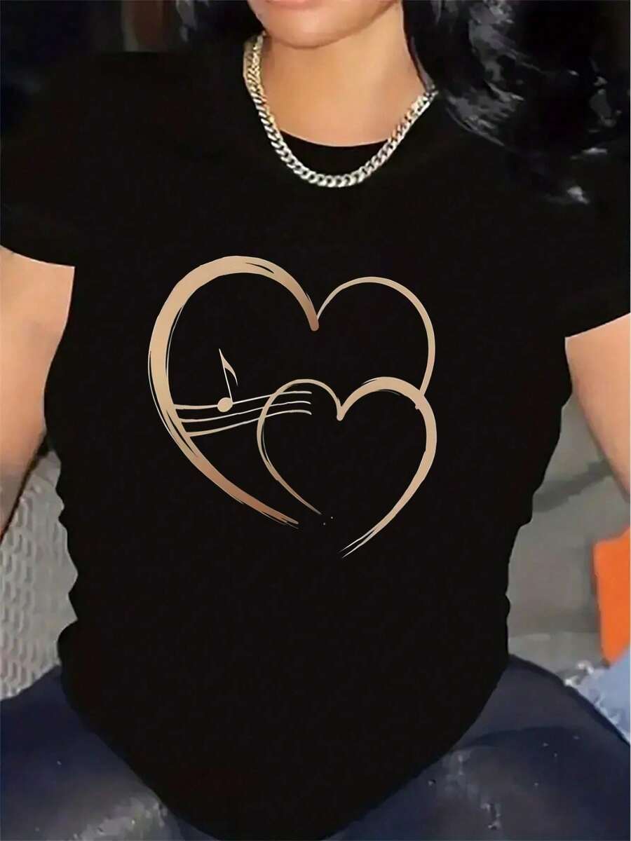 Camiseta de Manga Corta con Diseño de Corazón Musical, Tejido de Poliéster, Ligera y Duradera, Ideal para Uso Casual en el Hogar o Restaurantes, Ajuste Cómodo para Uso Diario - Negro - Ver 1