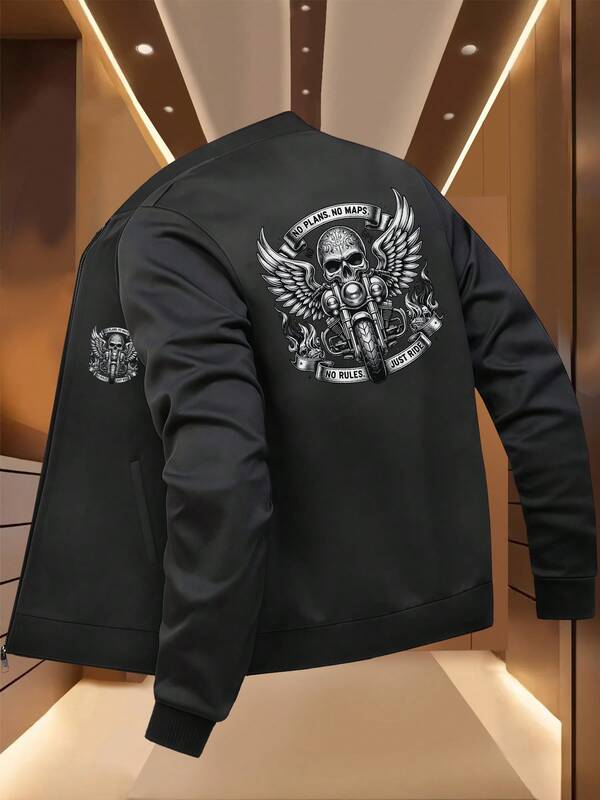 Limitless Riding Skull Motorcycle Print Men'S Slim Fit Jacket - Zipper Casual Outerwear With Pockets, Machine Washable For Fall And Winter, Stylish Design With Excellent Wrinkle Resistancesummer Outfits For Men Free Shipping
