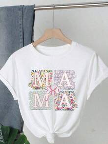 1 pieza, Camiseta Casual de Manga Corta con Cuello Redondo y Estampado Gráfico "MAMA" para el Día de la Madre, con Lazo y Patrón Floral, Bonito Regalo para Mamá, Camiseta Gráfica, Camisetas Gráficas para Mujer, Camiseta de Verano, Camiseta Casual, Ropa de Vacaciones para Mujer, Diseño Juvenil y a la Moda, 180g 100% Algodón - Blanco - Ver 7