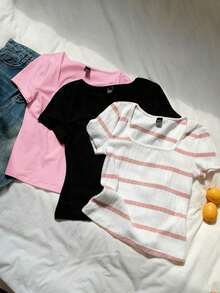 Set de 3 camisetas básicas de cuello redondo y manga corta para mujer, en negro y blanco - Rosa - Ver 3