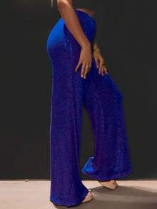 Shiny Sequin Wide Leg Pants For Party Vacation - Blue - View 3