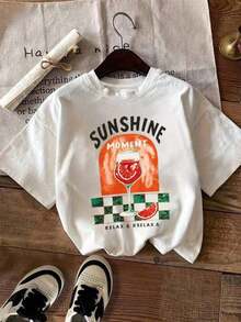 1 pieza de camiseta de punto de manga corta con cuello redondo y estampado gráfico "Sunshine" para mujer, longitud regular, estilo casual, color blanco, estampado gráfico grunge Y2K, 180g, 100% algodón. - Blanco - Ver 7