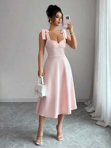 elegante y romántico para mujer con lazo decorativo en la cintura y corte evasé sin mangas - Rosa coral - Ver 4
