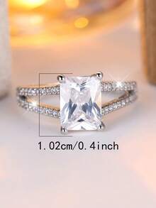 Vanel 1 pieza Anillo de plata de moda, anillo de banda de doble capa con incrustación de CZ cuadrado 3D brillante, accesorio de estilo minimalista diario - blanco plateado - Ver 6
