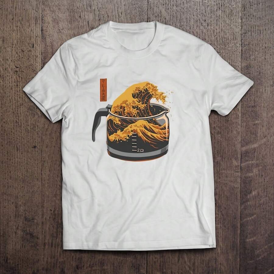 Great Wave Off Kanakawa In A Coffee Pot Heavyweight Uni T-Shirt With Print Tee Top220g Heavyweight 100% Cotton T-Shirt. Butterfly Print. Unisex Sizing. Round Neck Inspirational T-Shirt. Cute And Beautiful Y2K-Inspired Summer Top, Perfect For The Outdoors, Home, Work, Or Street Wear. Casual, Loose-Fitting Everyday T-Shirt. - 白色 - 查看 1