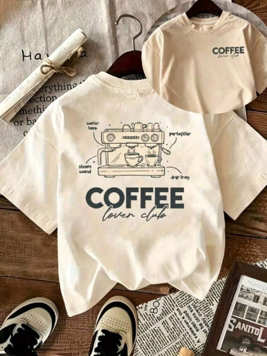 | 1 Women's 100% Breathable Cotton T-Shirt | Coffee Lover Graphic Tee For Women - Cute Espresso Machine Design With Coffee Lover Club Text - Soft Everyday T-Shirt For Coffee Enthusiasts - White Crew Neck Top For Casual Outfits And Cafe Visits, Coffee Bar Accessories, Comfortable Fit, Loungewear, Fun Print, Breathable Material, Short Sleeve T-Shirt, Women - Ideal For Summer 100% Cotton - 杏 - 查看 1