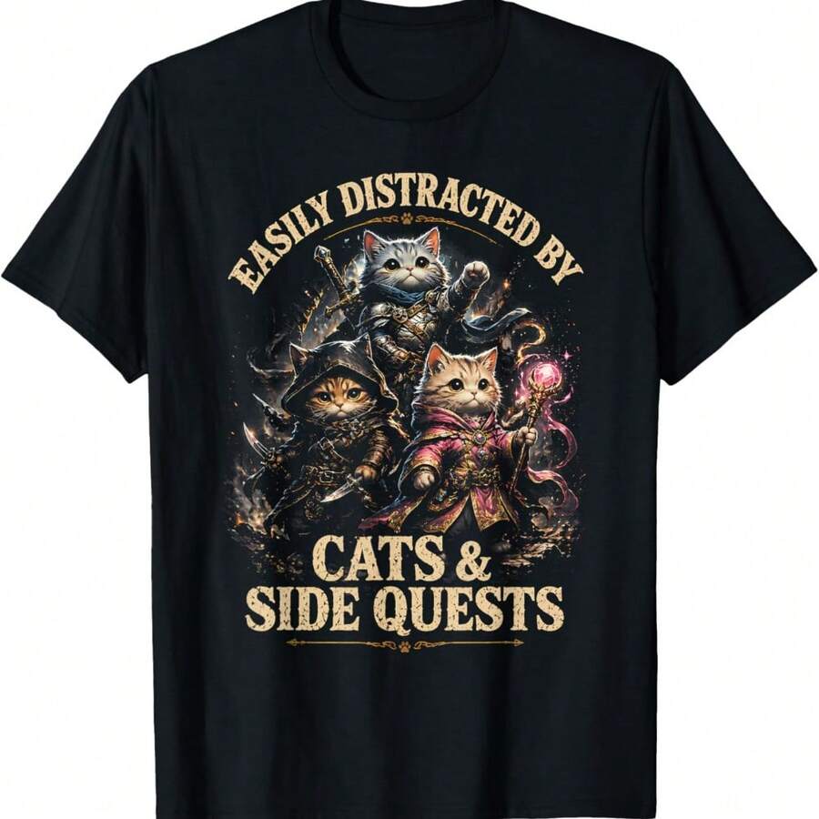 Easily Distracted By Cats And Side Quests Funny Cat Gamer T-Shirt - Black - View 1