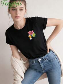 Women's Fitted Short Sleeve T-Shirt With Double-Sided Print, 1 Piece - Perfect Gift For New Year 2026, Valentine's Day, Easter, St. Patrick's Day, Black History Month, Back To School And Teachers - Graphic Tee With Tequila Bottle And Lime Print "More Tequila Please", Casual Summer Tee For Women, Great For Beach Parties And Warm Weather Outfits. - 黑色 - 查看 4