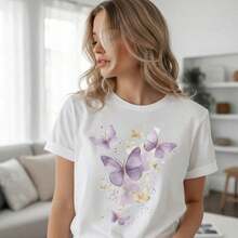 1 pieza de camiseta de algodón para mujer, tallas S-5XL, estampado de mariposa morada, manga corta, corte holgado informal, camiseta gráfica de moda de verano, camisa informal con diseño de insectos, suave y cómoda, camiseta básica para uso diario, 210g 100% algodón, los estampados están impresos. Unisexo. - Blanco - Ver 8
