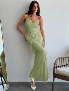 Vestido ceñido con tirantes finos, cuello drapeado y volantes para una cita romántica, para mujer.Vestidos de primavera/verano, regalo del Día de San Valentín, cita nocturna de San Valentín, "Sé mi Valentín", propuesta - Verde 2 - Ver 5