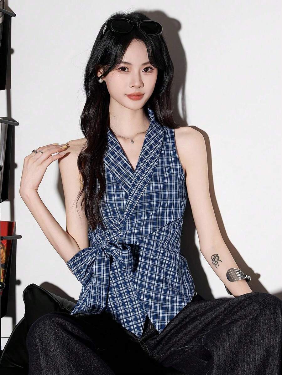 复古格子系带蝴蝶结无袖吊带背心(格子图案随机) - 藏蓝色 - 查看 1