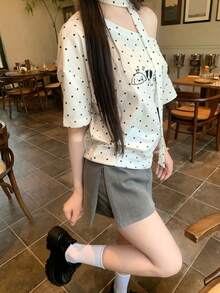 波點不對稱肩 T恤，夏季獨特設計露肩短版狗圖案上衣，女款白色休閒款 - 白色 - 查看 4