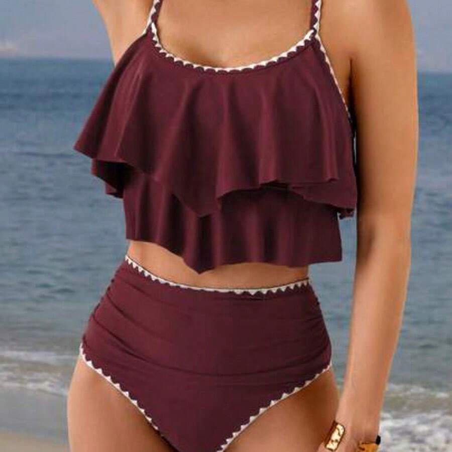 Swim Lushore 2pcs Ruched Color Block Spring Break Swimwear, High Waist Pleated Triangle Bikini Set For Summer Beach Vacation - Burdeos - Ver 1