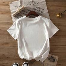 Ropa de mujer para verano y primavera, top casual de manga corta con cuello redondo, camiseta con estampado de lazo. - Blanco - Ver 3