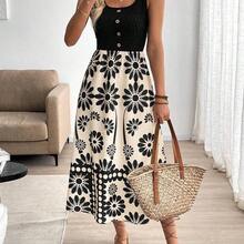Women's Vacation Style Printed Patchwork Sleeveless Bodycon Dress Orange Vacation Dress Orange Beach Dress Orange Summer Dress Orange Sundress Women Dresses Orange Spring Dresses Dresses For Women Orange Dresses Floral Print Dresses Midi Dresses - Blanco y Negro - Ver 2