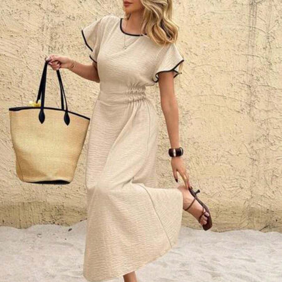 Frenchy Women's Color Block Trim Round Neck Cap Sleeve Ruffle Waist Midi Dress,Contrast Trim Design,Elegant Color-Blocked Elastic Waist Dress,French Short-Sleeved Cinched A-Line Long Dress, Lightweight And Flowing New Summer Style,Summer Holiday Outfits,Summer Dresses For Women,Vacation Outfits For Women, Boho Dress, Beach Vacation Outfits For Women ,Summer Dress,Spring Dresses For Women - Albaricoque - Ver 1