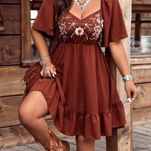 Bohemian Nomadic Style Placement Embroidery Square Neck Big Ruffle Sleeve Women Short Dress Elegant Summer - Negro - Ver 3