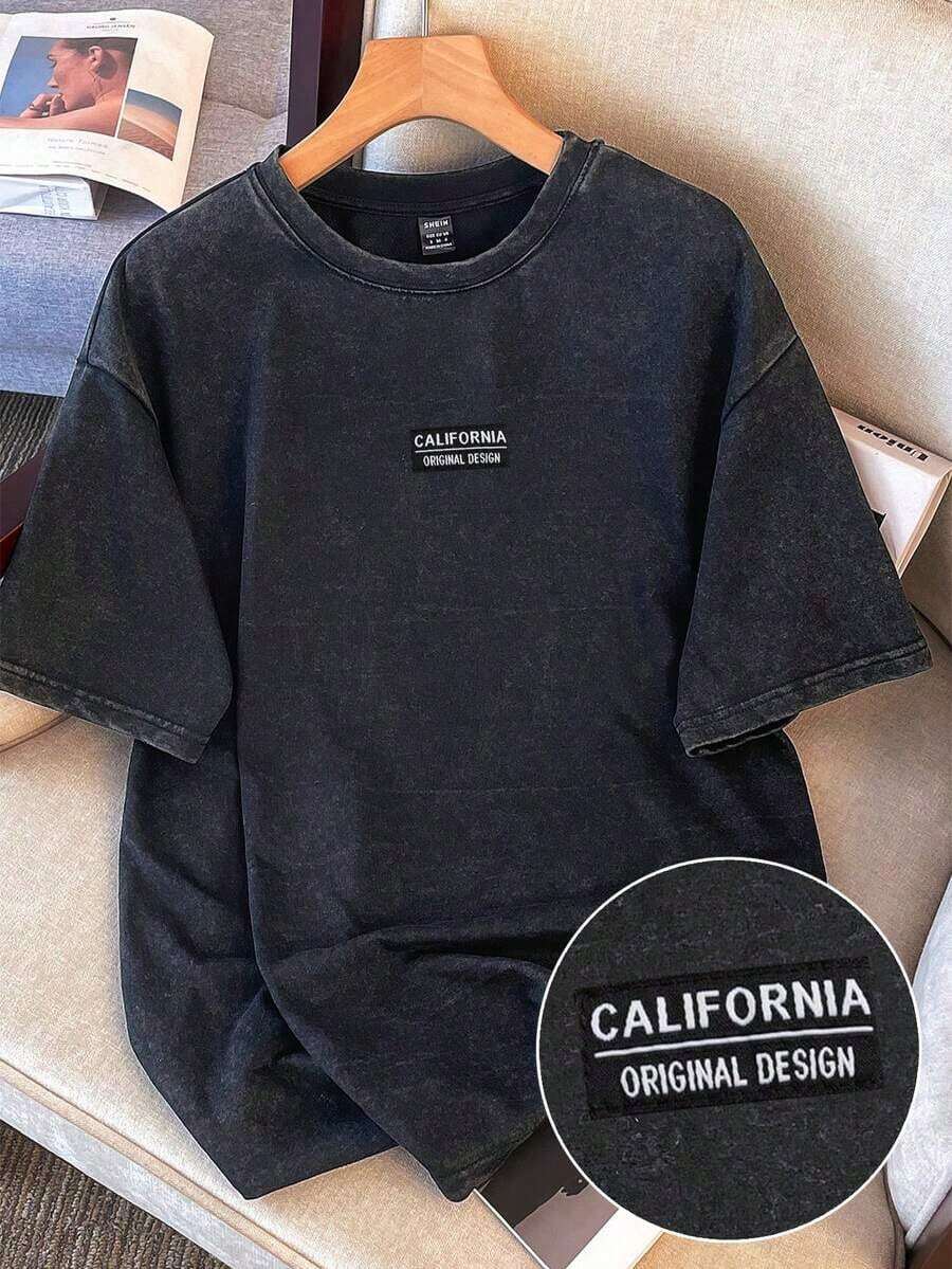 Camiseta suelta lavada con estampado minimalista de metal negro con estrella y luna, adecuada para salidas, escuela, hogar y regalos a amigos - Multicolor - Ver 1