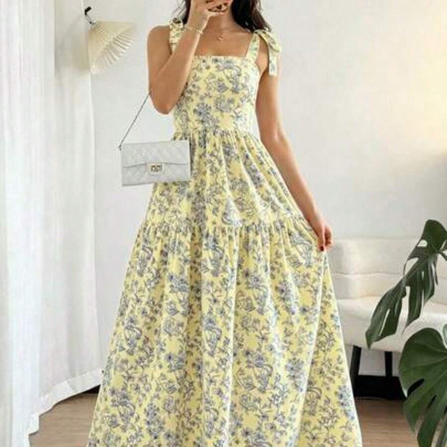 Holidaya French Elegant Ruched Bustier Flared Dress, Blue Floral Print, Sleeveless, Summer New Arrival - Amarillo - Ver 1