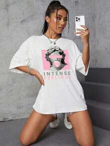 Playeras Overseize Holgada Deportivas Mujer Super Cómoda Casual Manga Corta Cuello Redondo Esculturas De Estampado - Blanco - Ver 3