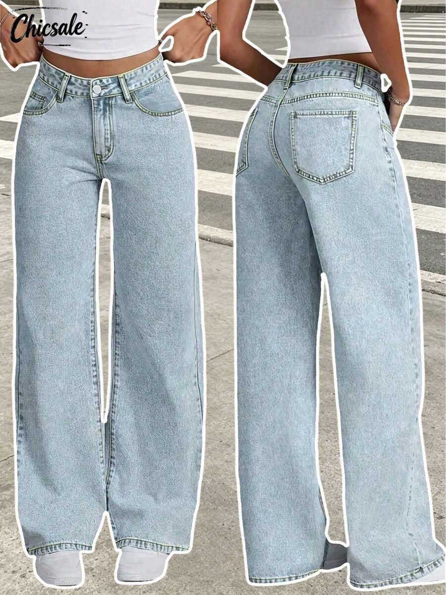 Women's Casual Light-Washed Wide-Leg Jeans, Suitable For Daily Wear Spring