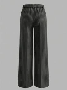 ANCHOSE 女士休闲弹力腰带灰白条纹裤，适合春夏穿着 - 灰色 - 查看 3
