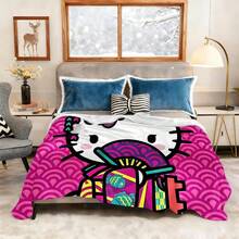 1pc Comfortable Hello Kitty Pink Plaid Pattern Flannel Blanket, Soft Polyester Knitted Design, Versatile Use, Machine Washable, Ideal Gift For Home, Travel, Outdoor, All Seasons - Perfect For Sofa, Bed, Office Or Travel, Watching Movies, Napping, Bedroom, Office, Car, Sanrio Blanket - Multicolor - View 2