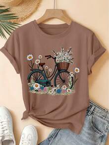Camiseta unisex de algodón de manga corta y cuello redondo, estilo vintage urbano, con estampado floral de margaritas, estilo bosque fresco, top holgado, moda elegante para fiestas de primavera/verano 2026, ropa versátil para mujer para ir al trabajo. - Blanco - Ver 9