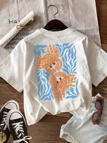 Camiseta gráfica de algodón 100% estilo Y2K de gran tamaño para mujer, con estampado retro de cangrejos y algas marinas, diseño frontal y trasero, camiseta casual de playa para mujer, camiseta estampada reversible para mujer, con un diseño divertido de cangrejos y algas marinas, perfecta para primavera y verano, camiseta gráfica unisex de manga corta, camiseta casual de cuello redondo. - Blanco - Ver 2
