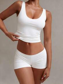 Women's Solid Color Casual Versatile Double-Layer Yoga High Stretch Fabric Sexy U-Neck Sleeveless Tank Top, Summer White - Black - View 10