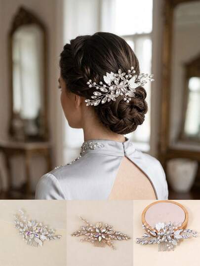 1pc Multi-Color Bridal European & American Style Pearl Crystal Alloy Leaf Hair Comb, Suitable For Wedding, Formal Party, Daily Use