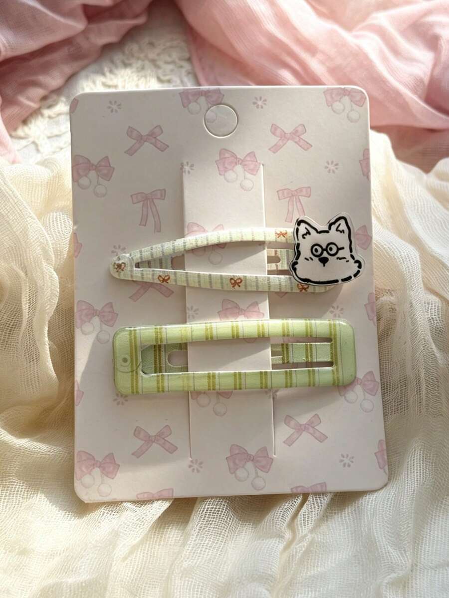 2个可爱狗狗格子发夹，绿色格子BB夹，甜美卡通女孩侧刘海发饰（无卡片） - 彩色 - 查看 1