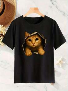 Camiseta para mujer con lindo gato asomándose - Top de manga corta con estampado de gato naranja, imprescindible para amantes de las mascotas.Top de cuello redondo para primavera, verano y otoño.Adecuada para uso diario, desplazamientos y ocasiones informales.Tejido elástico, lavable a máquina. - Negro - Ver 2