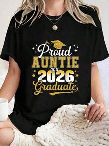 1 pieza Camiseta de Graduación para Mujer, Estilo Casual, Manga Corta, Cuello Redondo - Ideal para la Temporada de Graduación y Actividades al Aire Libre - Perfecta para la Temporada Festiva. 180g 100% Algodón, los diseños están impresos. Unisexo. - Negro - Ver 7