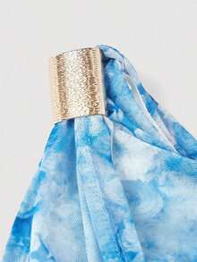 Vestido elegante de largo medio con cuello asimétrico, volantes y parches en color liso con efecto tie-dye para mujeres - Azul 2 - Ver 3