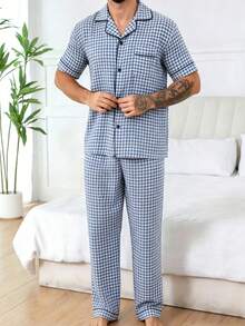 Men's Spring/Summer Plaid Print Lapel Short Sleeve Pajama Set, Casual Comfortable Loungewear - Baby Blue - View 4