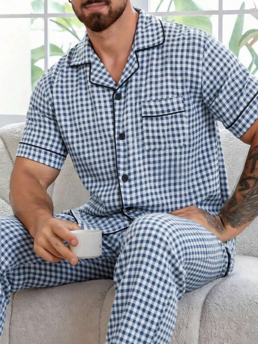 Men's Spring/Summer Plaid Print Lapel Short Sleeve Pajama Set, Casual Comfortable Loungewear - Baby Blue - View 1