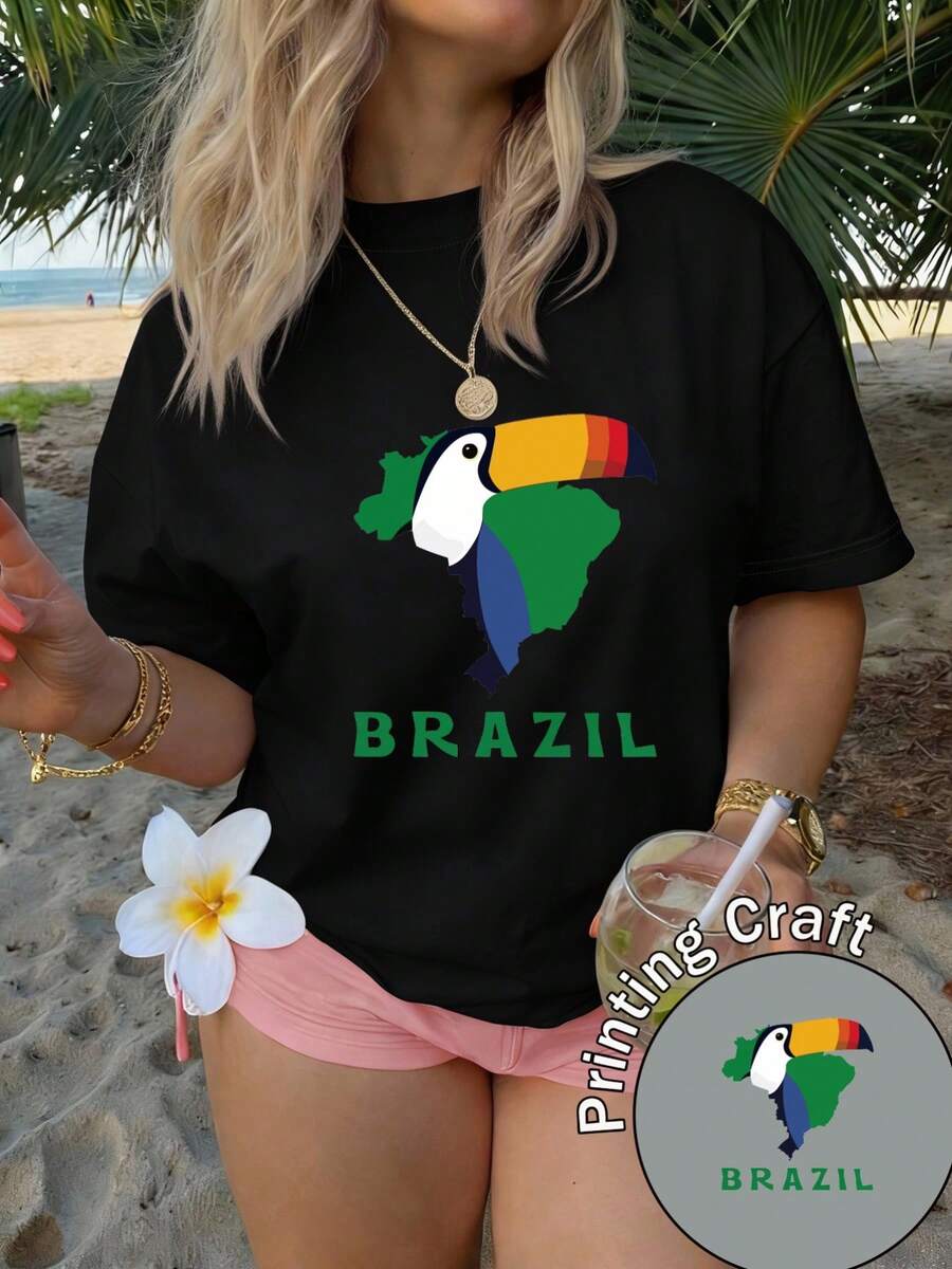 Women's Short-Sleeved Crew Neck T-Shirt, 100% Cotton, Machine Washable, Easy Care, Casual Design With Brazil Map And Giant Toucan Print, Bright Colors, New Style Top For Summer 2026, Suitable For Travel And Daily Wear. - 黑色 - 查看 1