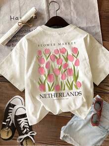Women's Clothing [Double-Sided Print] Women's Summer Casual T-Shirt Simple Style Tulip Green Leaf Print FLOWER MARKET NETHERLANDS Round Neck Pure Cotton Short Sleeve [Ling K] Women's Shirts - 杏色 - 查看 2