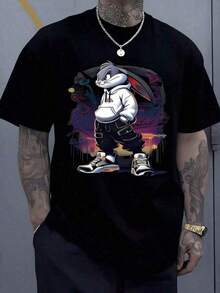 Urban Rabbit Wearing A White Sweatshirt And Modern Sneakers Against A Graffiti Background At Sunset, Conveying A Relaxed And Confident Attitude. T-Shirt, 100% Cotton, IHY6 - 黑色 - 查看 8
