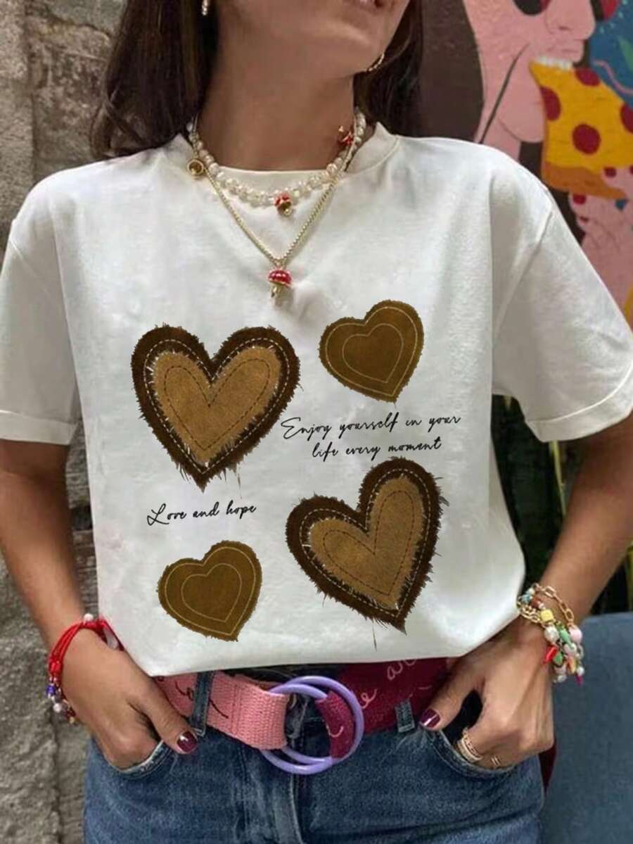 Fashionable Summer Short-Sleeved T-Shirt For Women, Outdoor Leisure T-Shirt With 'letters And Love' Print, Casual T-Shirt For Women With Relaxed Patterns - 白色 - 查看 1