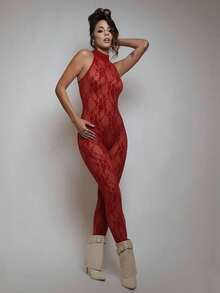 Women's Lace Bodysuit Ruffled Collar Sleeveless Backless Sheer Fitted Jumpsuit Summer - Red - View 6