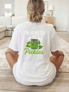 New Summer Collection 2026: Fashionable Women's T-Shirt [Double-Sided Print], Casual Short-Sleeve Round Neck Top, Printed With Green Pickle Cans And Text, Suitable For Casual Wear, Multipurpose Clothing, Fashionable T-Shirt, Comfortable Material, Summer T-Shirt For Style Enthusiasts. - 白色 - 查看 3