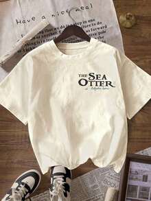 Vintage Sea Otter Biology T-Shirt, Casual Round Neck Short Sleeve T-Shirt, Plus Size T-Shirt - Women's Casual Round Neck Short Sleeve T-Shirt, Summer White - 白色 - 查看 3
