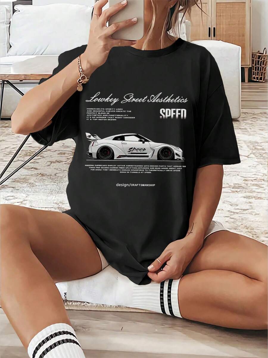 Camiseta de moda femenina de verano de manga corta camiseta de moda casual al aire libre 'letras y coches' estampados camisa casual femenina con patrones relajados - Negro - Ver 1