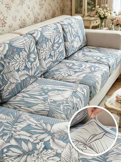 1pc Plant Pattern Printed Stretch Sofa Seat Cushion Cover, L-Shaped Sofa Cover, Separate Sofa Backrest Cover, Furniture Protector, Stretch Sofa Cushion Cover, Outdoor Sofa Cover